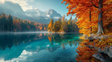 Serene Autumn Sunrise Scene with Trees and Turquoise Water at Hintersee Lake Generative AI