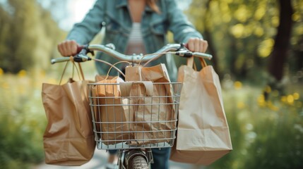 City bicycle with basket of groceries and shopping bags on handlebar. Woman riding from shop or market