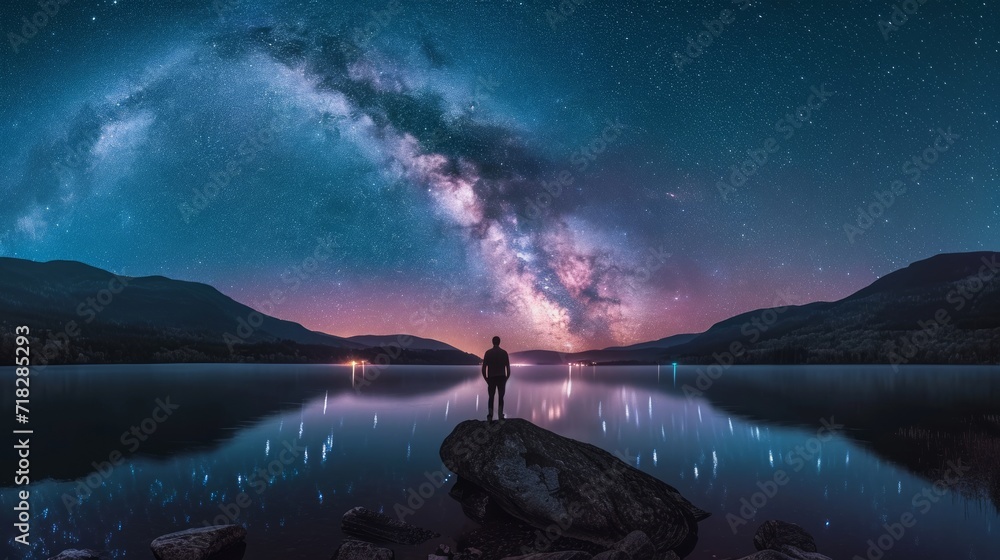 Poster stunning panoramic view of bright milky way over lake at night generative ai generative ai
