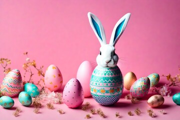 Easter rabbit in patterned easter egg on color background