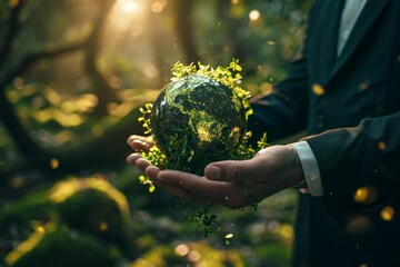 "Strategic sustainability: A businessman embraces circular economy, merging business growth with environmental stewardship through renewable resource generative ai