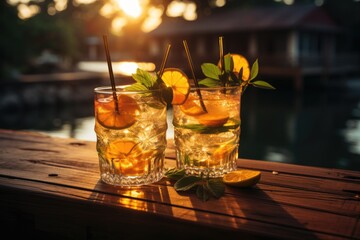 Summer cocktails on luxury tropical beach Generative AI - obrazy, fototapety, plakaty