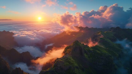 Aerial View of Pico do Arieiro at Sunset in Madeira, Portugal Generative AI