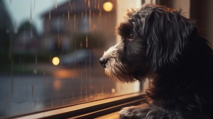 A sad dog looks out the window and waits for its owner	
