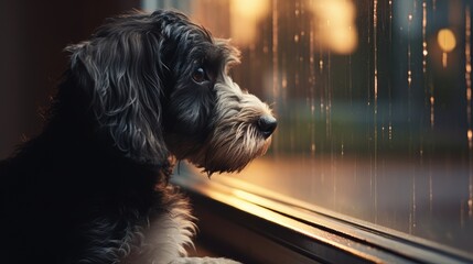 A sad dog looks out the window and waits for its owner	
