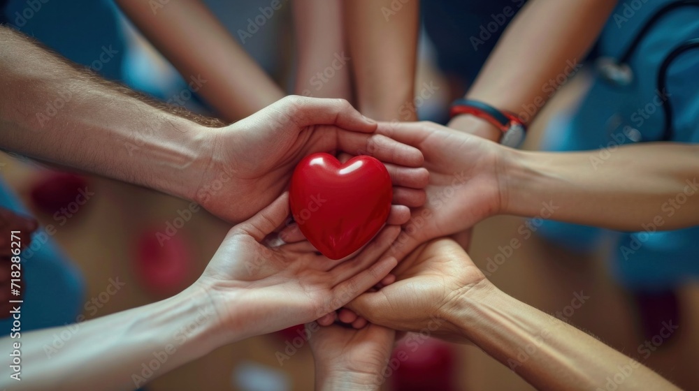 Poster A group of people holding hands around a red heart, AI