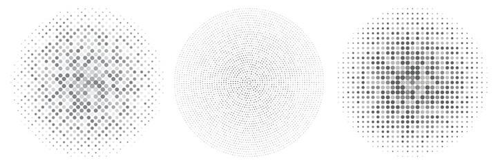 Abstract Silver circle halftone set. Grey dotted halftone pattern isolated on transparent background. Vector illustration.
