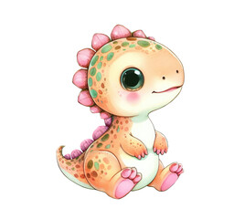 Little baby dinosaur dino isolated on transparent background. Watercolor illustration