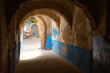 Passageway in a typical street in the medina of Essaouira, Morocco