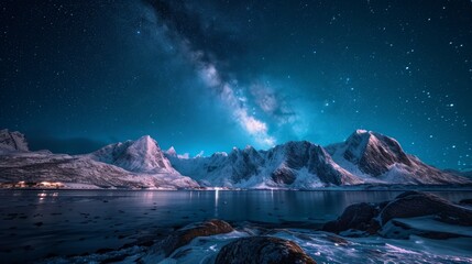 Frozen Sea Coast and Snow Covered Mountains in Winter at Night in Lofoten Islands, Norway Generative AI - obrazy, fototapety, plakaty