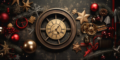 Vintage alarm clock and christmas baubles on dark background,Christmas Red Santa Hat,Timeglass Image
