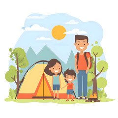 Family camping trip scene isolated on white background, flat design, png
