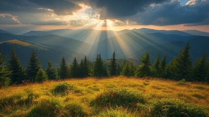 Sunlit Ukrainian Carpathian Mountain Landscape Generative AI - obrazy, fototapety, plakaty