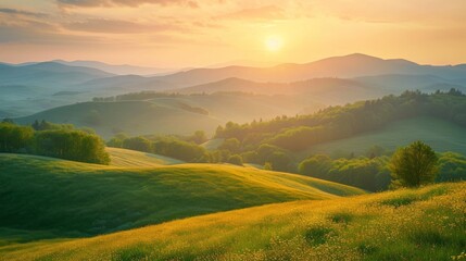 Sunset Over Mountainous Countryside Landscape Generative AI