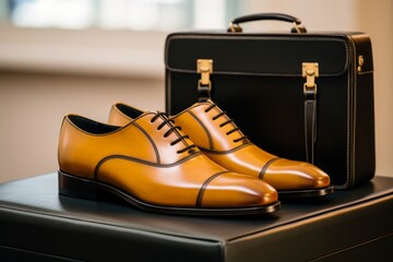 Classic black leather shoes and a matching leather briefcase placed 
