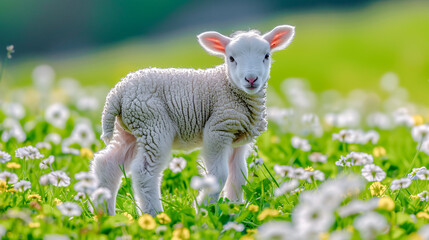 Obraz premium Easter Lamb Easter Bunny in a Nest on a Flowering Meadow Greeting Card Happy Easter Illustration Graphic Banner Wallpaper Background Brainstorming Family Digital Art Magazine Poster