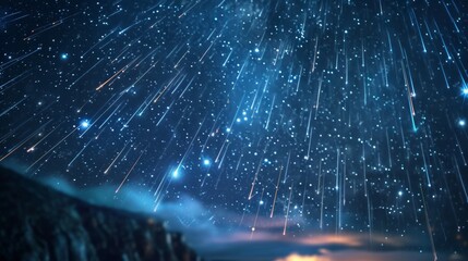 Meteor shower against the backdrop of a star-filled sky, capturing bright trails of shooting stars. Concept of astronomy, cosmos, space exploration, stargazing.