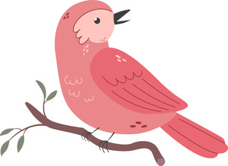 Pink folk bird sitting on the branch on white background. Cute spring cartoon vector illustration. Birdwatching, wildlife