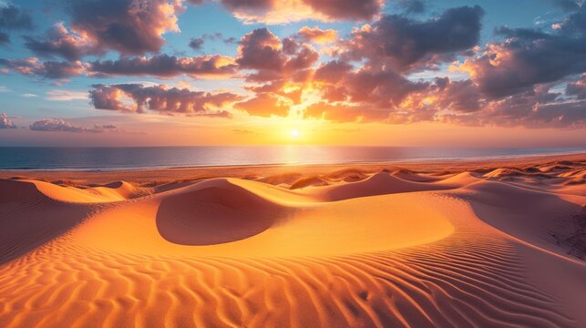 Serenity at Sunrise: Panoramic Landscape of Beach Sand Dunes Generative AI © AlexandraRooss