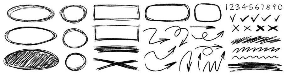 Grunge charcoal scribble stripes, freehand numbers, emphasis arrows, hand-drawn doodle squiggles, Chalk or marker doodle rouge scratches. Vector illustration of hand painted scrawl frames