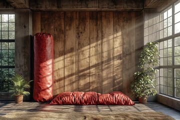 Punching bag in a loft gym with large windows. Concept of urban gym, industrial fitness space, boxing equipment