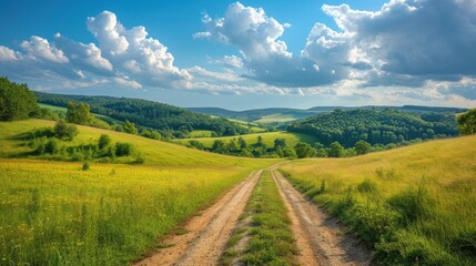 Fototapeta na wymiar Panoramic Landscape of Central Russia Agricultural Countryside with Hills and Country Road Generative AI