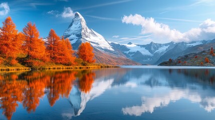 Impressive Autumn Scene of Stellisee Lake with Matterhorn Peak Generative AI - obrazy, fototapety, plakaty