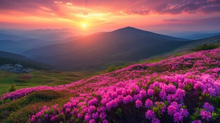 Fototapeta na wymiar Panoramic View of Pink Rhododendron Flowers and Beautiful Sunset over the Mountains Generative AI Generative AI