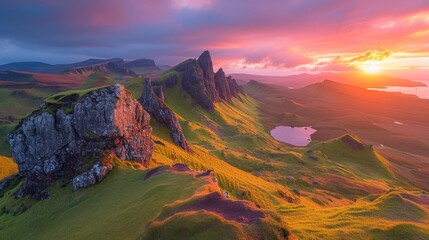 Obraz premium Sunset over Quiraing Mountains in Isle of Skye, Scotland Generative AI
