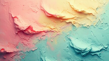 Abstract textured smears of oil paint with soft peach, pink and green pastel tones. Concept of artistic backdrop, color blending, calming background - obrazy, fototapety, plakaty