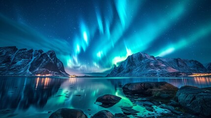 Aurora Over Rocky Seashore in Norway Generative AI
