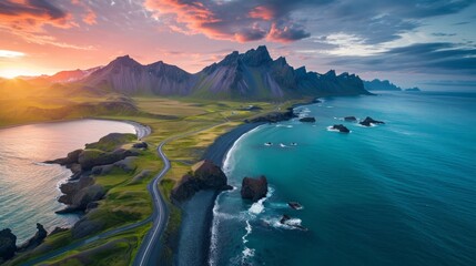 Scenic Road in Iceland: Beautiful Nature Landscape Aerial Panorama of Mountains and Coast at Sunset Generative AI - obrazy, fototapety, plakaty