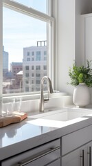 Chic kitchen interior featuring a cityscape through big windows, accented with modern fixtures. Perfect for architectural content, luxury apartment promotions, and urban lifestyle articles.