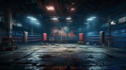 Boxing ring illuminated by blue lights with a hazy atmosphere. Concept of boxing, sports ring, sports events, competition, combat sports - obrazy, fototapety, plakaty