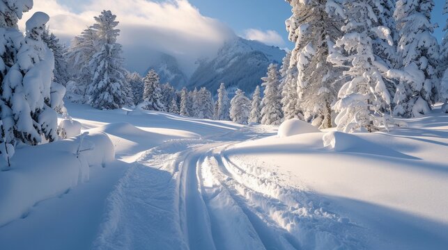 Winter Wonderland: Snow Covered Landscape with Skiing Tracks Generative AI