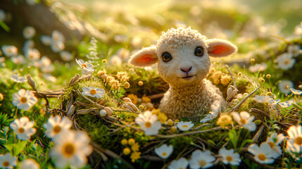 Fototapeta premium Easter Lamb Easter Bunny in a Nest on a Flowering Meadow Greeting Card Happy Easter Illustration Graphic Banner Wallpaper Background Brainstorming Family Digital Art Magazine Poster