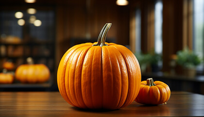 Autumn celebration pumpkin decoration, spooky lantern, rustic table decor generated by AI