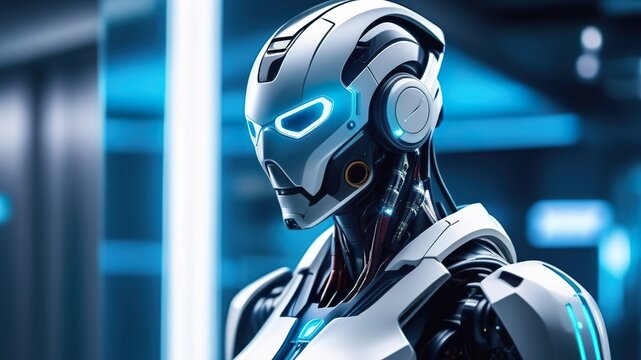 Robot on the background of the space laboratory. 3D illustration. Generated AI