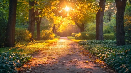 Sunlit Path in a Park Before Sunset Generative AI