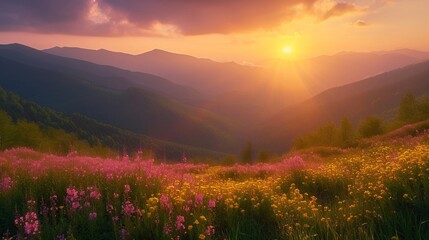 Fototapeta na wymiar Beautiful Sunset in Mountain Valley Generative AI