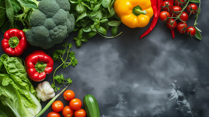 Various fresh vegetables on black background. Top view with copy space.