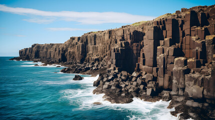 Eternal Stand: An imposing depiction of eroded cliffs set against the vibrant hues of the ocean and...