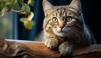 Cute kitten staring, fluffy fur, playful curiosity, purebred cat generated by AI