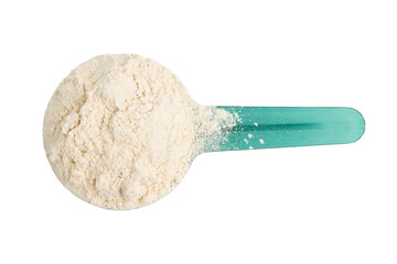 Whey protein powder in a plastic measuring spoon, isolated on transparent background, top view - obrazy, fototapety, plakaty