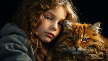 Cute child embraces playful kitten, radiating love and innocence generated by AI
