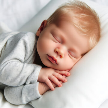a cute blond newborn baby sleeps on a white pillow isolated on white background. ai generative