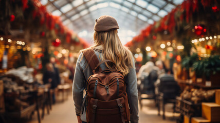Back view of a tourist in the city. Young woman walking on the Christmas holiday festival outdoor market. Festive mood. Backpacker and travel concept