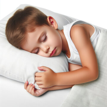 a cute young boy child sleeps on a white pillow isolated on white background. ai generative