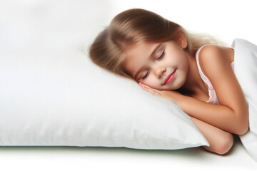 Obraz na płótnie Canvas a cute young girl child sleeps on a white pillow isolated on white background. ai generative