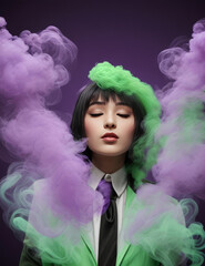Modern witch in a green smoke on purple background